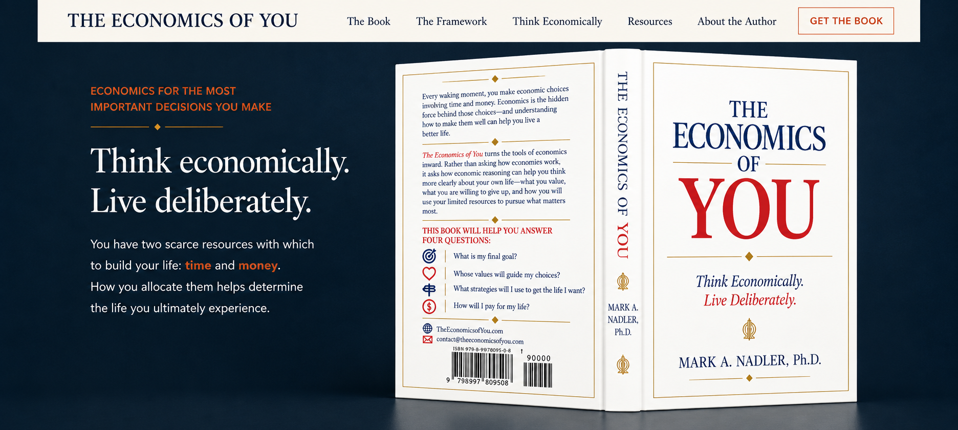 The Economics of You homepage with the book slightly closed, showing the back cover, spine, and front cover